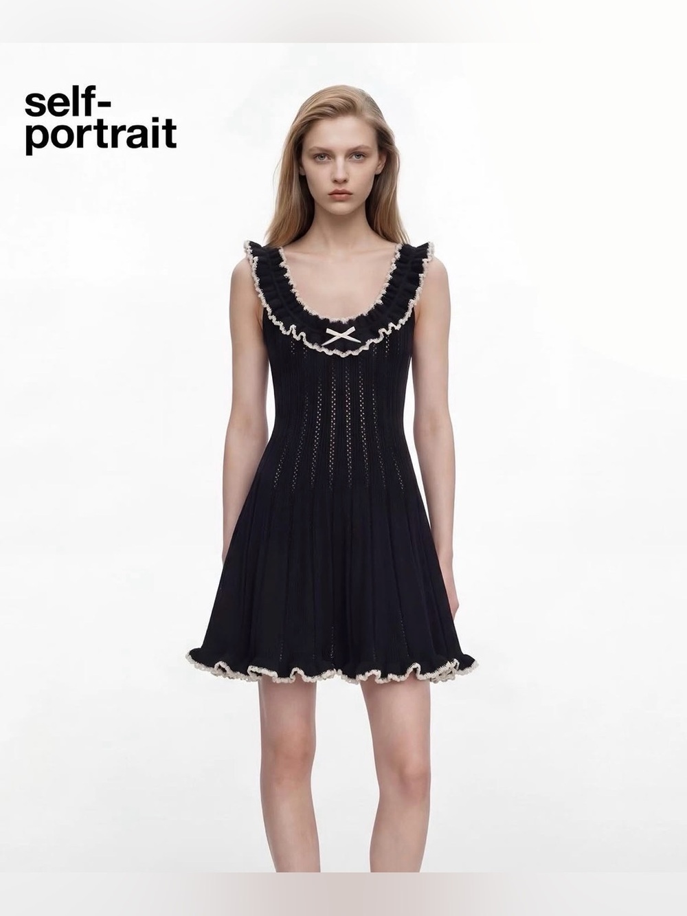 NEW Self-Portrait Black Contrast Trim Knit Mini Dress Ruffle Bow | US XS - Picture 2 of 14